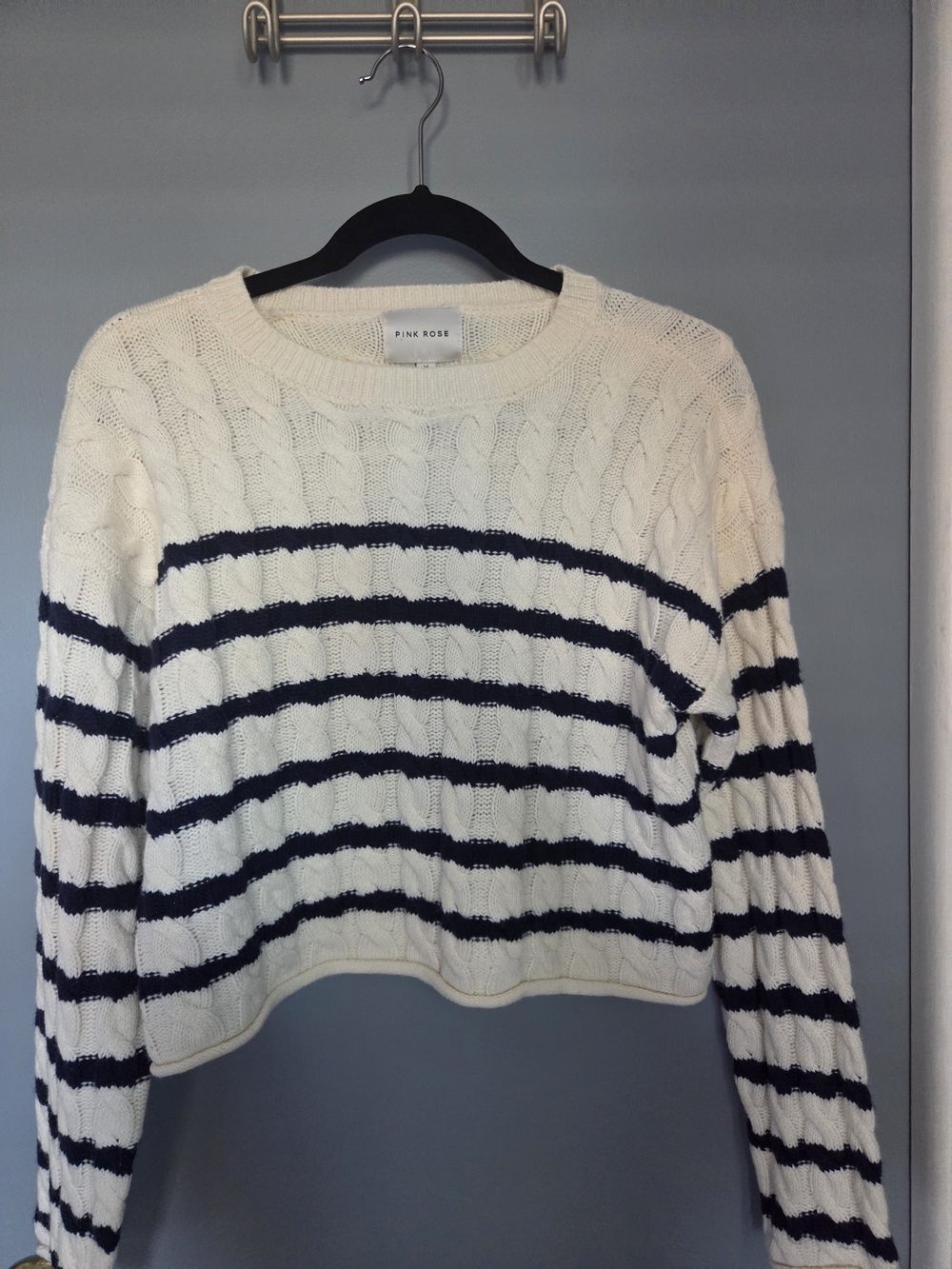 PINK ROSE White Cable-Knit Crewneck Sweater with Navy Stripes